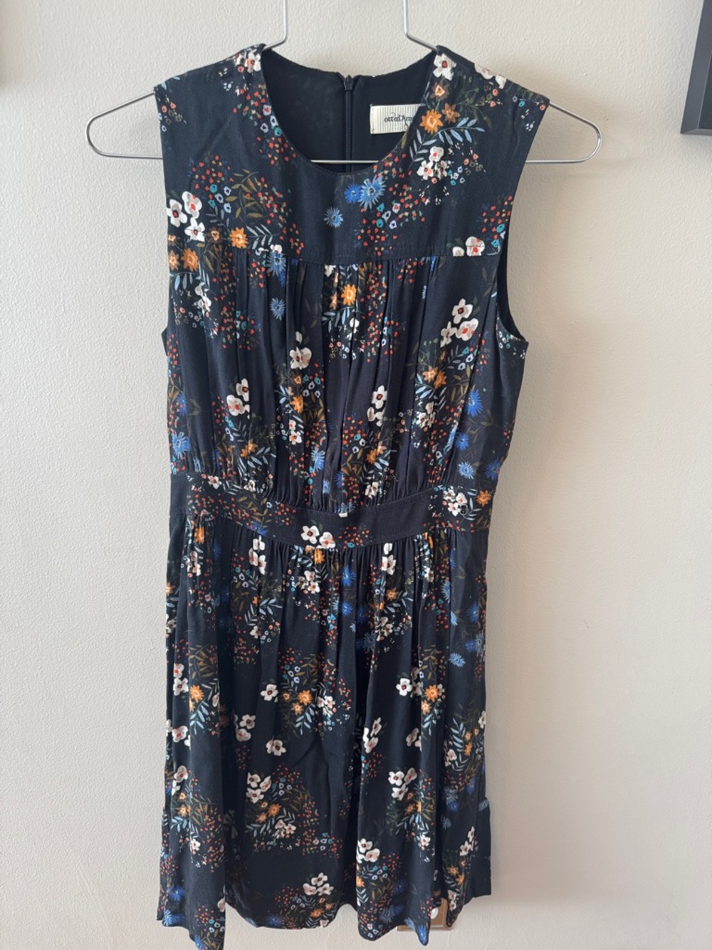 Sleeveless Black Floral Mini Dress with Blue & Orange Blooms